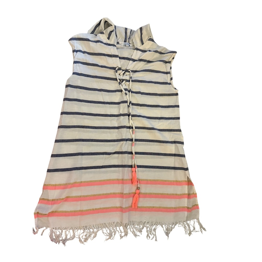Blue Island Cotton Hooded Swim Cover Up White Neon Coral Striped Fringe Medium